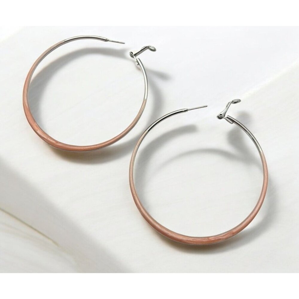 Large Hoop Earrings Pink Enamel Silver Tone Lightweight 2.75 Inch